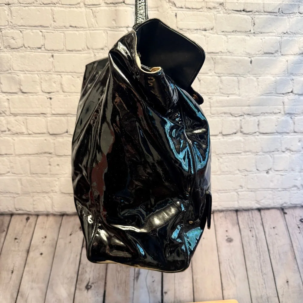 Barneys New York black glossy patent leather extra large tote bag carryall